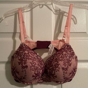 Victoria secret dream angels padded bra, burgundy and pink lace cup